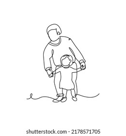 A father teaches his son to walk drawn with continuous one line. Minimalist style vector illustration in white background.