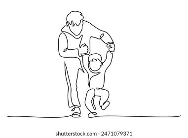 Father teaches his son to walk first step. Fathers day concept. Continuous one line drawing. Minimalist style vector illustration white background.