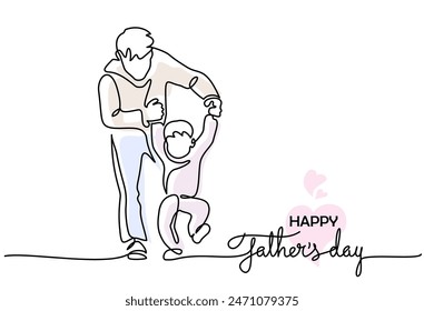 Father teaches his son to walk first step. Fathers day concept. Continuous one line drawing. Minimalist style vector illustration white background.