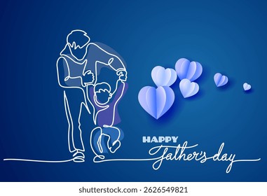 Father teaches his son to walk first step. Fathers day concept. Continuous one line drawing. Minimalist style vector illustration blue background.