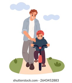 Father teaches his young son how to ride bicycle in nature. Boy learning to biking. Outdoor active leisure. Happy parent and kid walking together. Dad and child fun activity. Vector parenthood concept