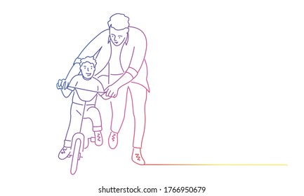 Father teaches son to ride a bike. Rainbow colours in linear vector illustration.