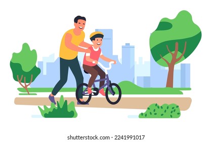 Father teaches son to ride bike in park. Cycling training. Boys learning to biking. Outdoor leisure. Parent and kid walking together. Dad and child fun activity. Vector