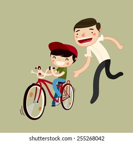 father teaches son to ride a bike. kid learns to ride bicycle. vector illustration