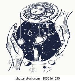 Father teaches the son to space riddles tattoo. Human and Universe. Symbol solar system, science, religion, astrology, astronomy. Boundless Universe, planets and stars t-shirt design 