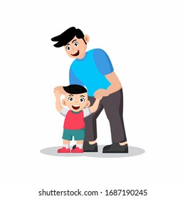 Father teaches walking to his son. Families spend time outside together. 
First walk, the concept of a happy parent. Vector cartoon isolated on white.
