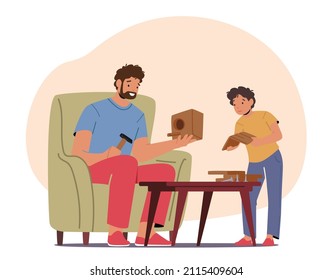 Father Teaching Boy Carpentry and Construction Diy Works, Dad and Son Building or Bird Booth, Happy Family Characters Spend Time Together, Parenting Concept. Cartoon People Vector Illustration