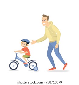 Father teaching boy to ride the bike on white background.