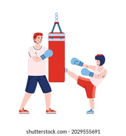 Father teaching child box fight kiks, cartoon vector illustration isolated on white background. Parenting and family bonding sport activity of father and son.