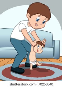 Father teaching child to walk - vector illustration