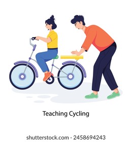 A father teaching cycling to kid, flat illustration