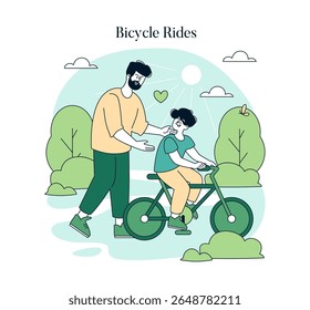 Pai ensinando bicicleta de filha em um parque, expressando cuidado e encorajamento. Ilustração vetorial.