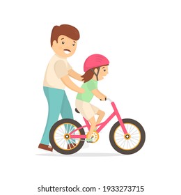 Father teaching daughter to ride bike. Caring dad help his little child riding bicycle. Parenting lovely concept. Small happy girl on her first pink bike. Vector family illustration isolated on white.