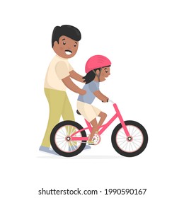 Father teaching daughter to ride bike. Caring African dad help his little child riding bicycle. Small happy American girl on his first pink bike. Vector family illustration isolated on white.