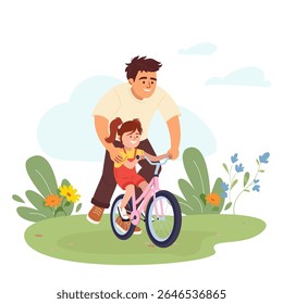 Father teaching daughter to ride a bike Vector illustration of happy dad supporting little girl on bicycle. Parenting, outdoor activity Cute cartoon scene for Father's Day card, family poster, banner