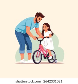 Father Teaching Daughter to Ride a Bike-or Bi-cycle Flat Vector art Free