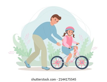 Father Teaching Her Daughter To Ride Bike For The First Time. Dad Teach Her Girl Kid Cycling On The Nature. Parenting, Parenthood Concept. Vector Cartoon Illustration. 