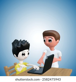 Father Teaching His Child in Front of a Laptop 3D Clay Style Vector Illustration