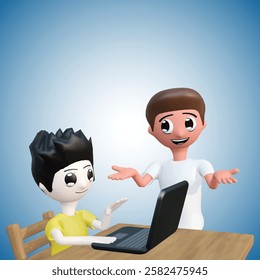 Father Teaching His Child in Front of a Laptop 3D Clay Style Vector Illustration