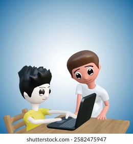 Father Teaching His Child in Front of a Laptop 3D Clay Style Vector Illustration