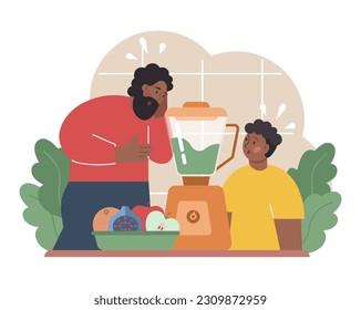 Father teaching his child how to cook. Family making food in the kitchen together. Dad and little boy following recipe. Parenting and family bonding. Flat vector illustration