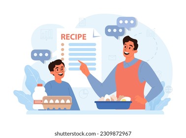 Father teaching his child how to cook. Family making food in the kitchen together. Dad and little boy following recipe. Parenting and family bonding. Flat vector illustration