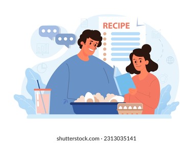 Father teaching his child how to cook. Family making food in the kitchen together. Dad and little girl following recipe. Parenting and family bonding. Flat vector illustration