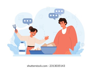 Father teaching his child how to cook. Family making food in the kitchen together. Dad and little girl following recipe. Parenting and family bonding. Flat vector illustration