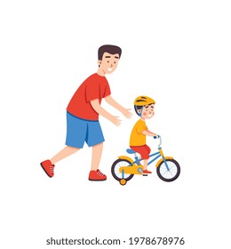 Father teaching his child to ride bicycle and supporting him, flat vector illustration isolated on white background. Parenthood and fatherhood concept.