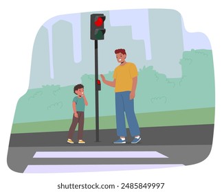 Father Teaching His Child Road Safety Rules At A Crosswalk With A Traffic Light. Characters Waiting At A Pedestrian Crossing, Highlighting The Importance Of Road Safety And Parental Guidance