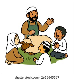 A Father is Teaching His Children About the Sacrifice Worship on Eid al-Adha for Muslims