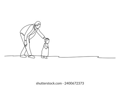 Father teaching his daughter to walk outside, simple continuous line drawing of happy family minimalist concept. Family vacation.