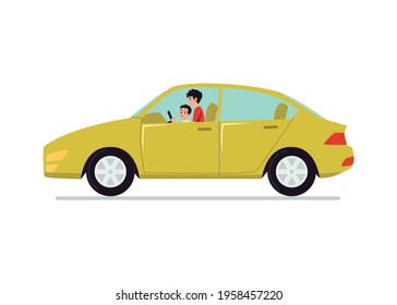 Father teaching his little son to drive a car, flat cartoon vector illustration isolated on white background. Good friendly family relations and love of father and son.