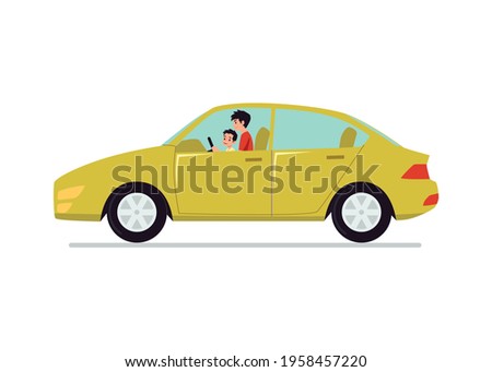 Father teaching his little son to drive a car, flat cartoon vector illustration isolated on white background. Good friendly family relations and love of father and son.