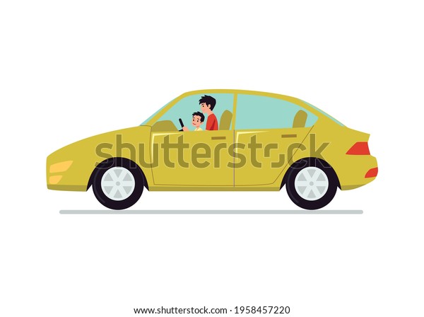 Father teaching his\
little son to drive a car, flat cartoon vector illustration\
isolated on white background. Good friendly family relations and\
love of father and son.