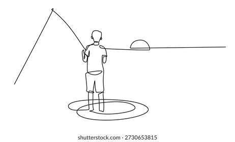 Vater lehrt seinen Sohn, kontinuierliche Linien zeichnen zu fischen. Familienzusammengehörigkeit und fröhliches Wochenendabenteuer, Vektorgrafik minimalistisch.