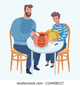 A father teaching his son how to carve a pumpkin for halloween. Vector cartoon illustration of dad and his child in modern concept