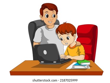 A father is teaching his son to learn computers, cool cartoons are suitable for animation and illustration design.