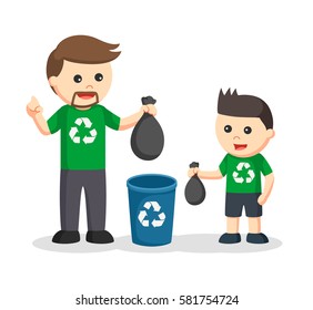 father teaching his son to put litter to bin