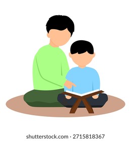 Father teaching his son to recite the Quran. Ramadan activities 