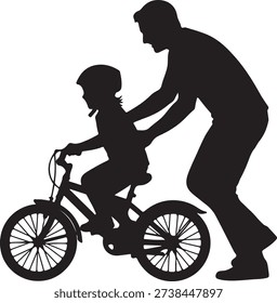 Father teaching his son to ride a bicycle silhouette, happy parenting and childhood memories concept