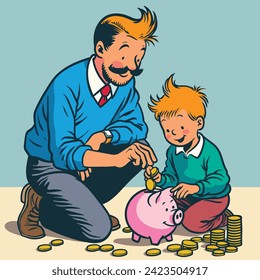 Ein Vater lehrt seinen Sohn, Geld im Sparschwein zu sparen