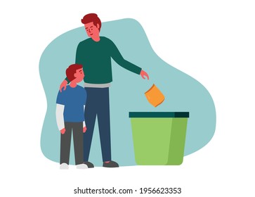 A father teaching his son to throw garbage to the trash bin. Simple flat illustration.