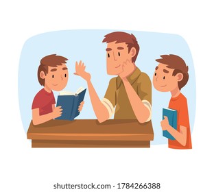 Father Teaching His Sons, Parent Helping Boys with Homework and Explaining Lesson in Textbook, Home Schooling Cartoon Vector Illustration on White Background