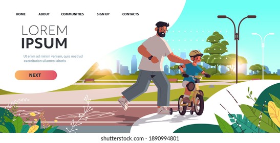 father teaching little son to ride bike in urban park parenting fatherhood concept dad spending time with kid cityscape background horizontal full length copy space vector illustration