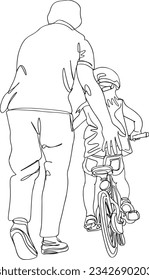 Father Teaching Son Bicycle Skills, Learn to Ride: Father Teaches Son Bicycle - Cartoon