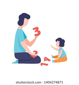 Father Teaching Son to Count, Father Having Good Time with His Kid Vector Illustration