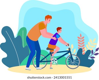 Father teaching son cycling in park. Adult helps child ride a bike. Parenting and outdoor activities vector illustration.