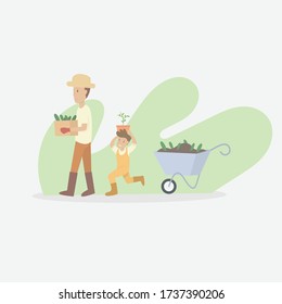 Father teaching son to gardening,boy smiled happy to help his father grow plants,Vector illustration.