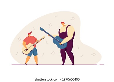 Father teaching son to play acoustic guitar. Man and boy playing musical instruments together flat vector illustration. Parenting, music, education concept for banner, website design or landing page